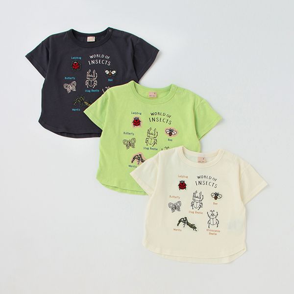 日本 petit main - [接觸冷感]昆蟲刺繡短袖上衣-黃綠