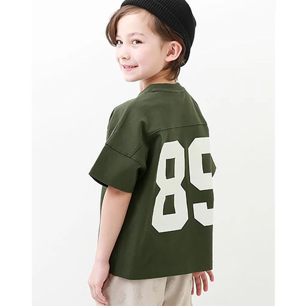 日本 devirock - 純棉美式印花落肩短袖上衣-背號89-橄欖綠