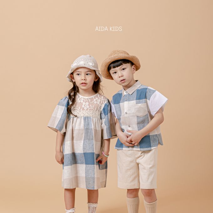 韓國 AIDA - 休閒風格子短袖翻領襯衫-藍X米