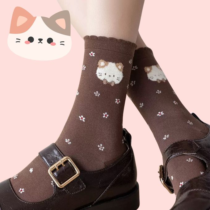 卡其毛毛花貓千鳥格中筒棉襪