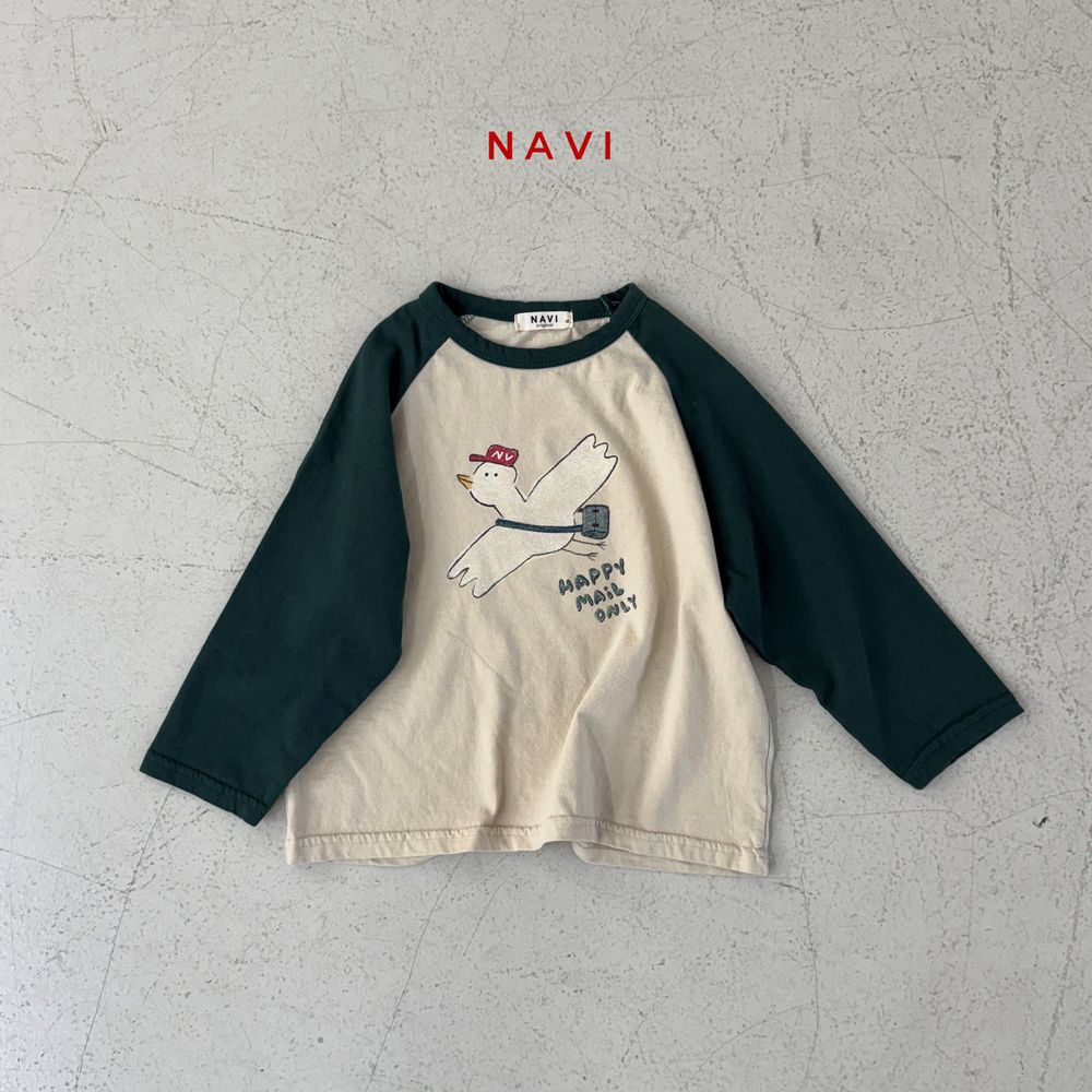 NAVi 郵差小鳥圖案純棉拼色長袖上衣-米X綠