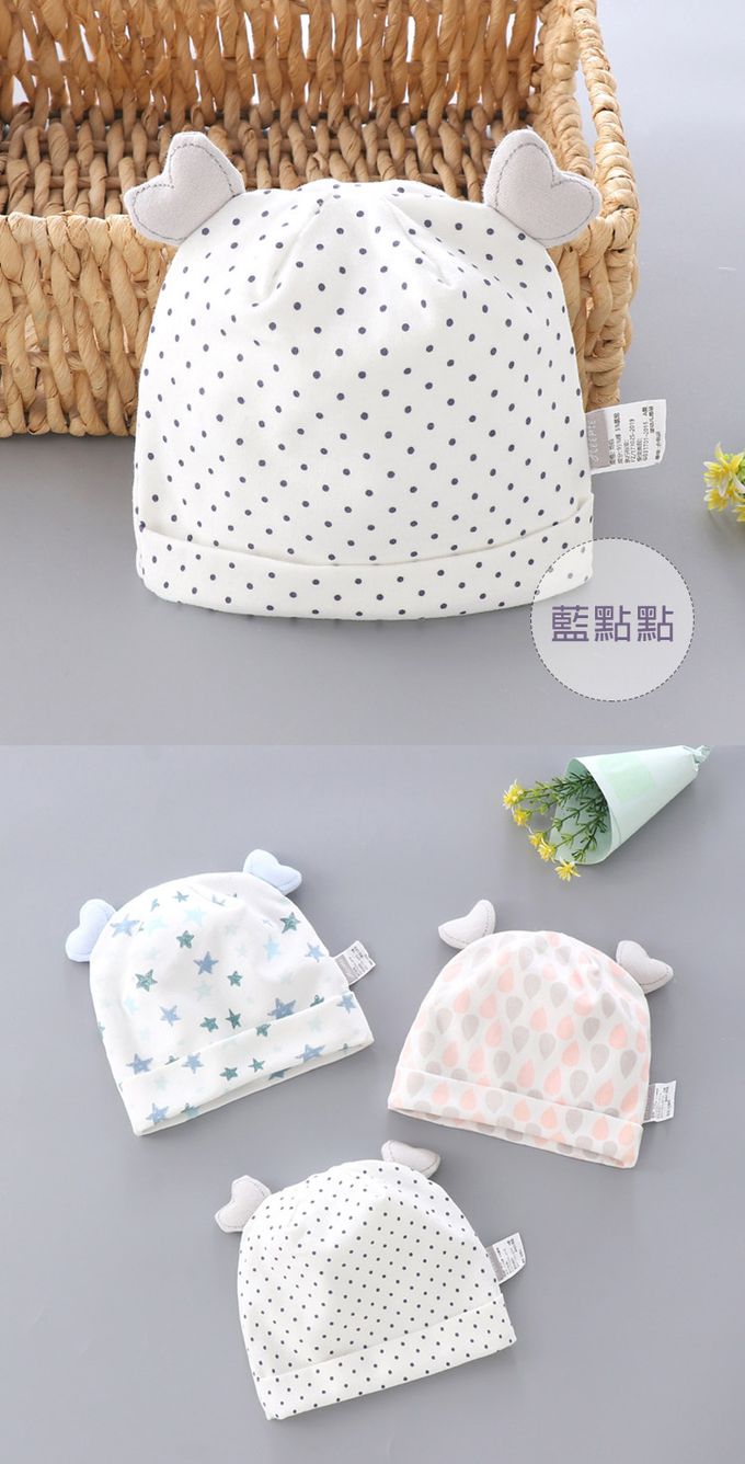 JoyNa - 2入-愛心耳朵新生兒胎帽 棉質童帽-彩雨滴+隨機一入 (適戴頭圍約32-36cm)