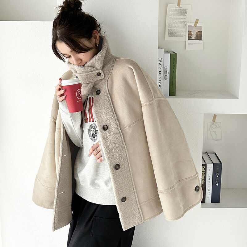 日本 Classical Elf - 麂皮絨毛雙面穿立領保暖外套-摩卡