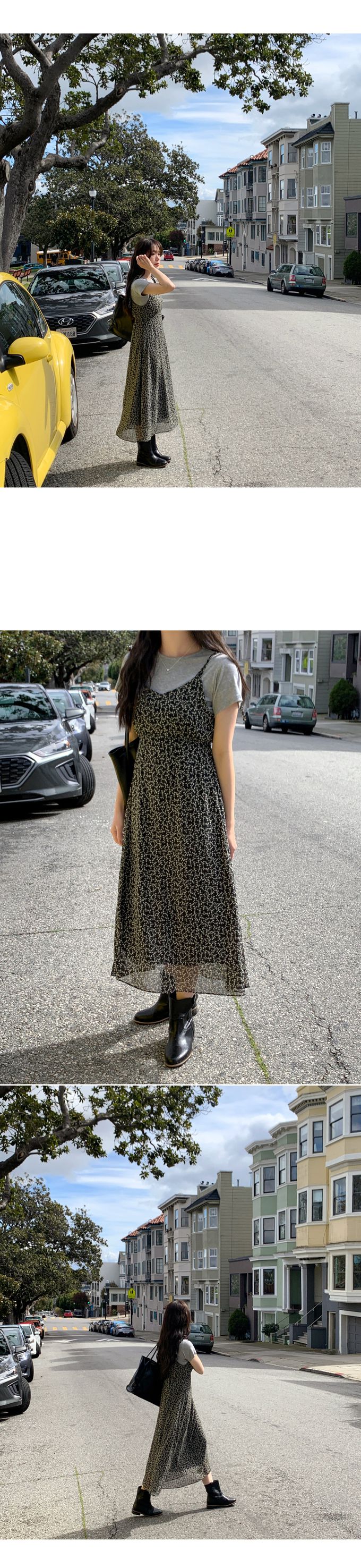 韓國 98doci - 碎花飄逸V字綁帶連身洋裝-天空藍