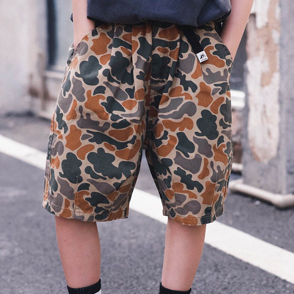 純棉腰鬆緊工裝五分褲-下擺打褶-迷彩