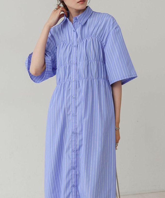 日本 Bab - 時尚抓皺襯衫式五分袖洋裝-條紋-象牙