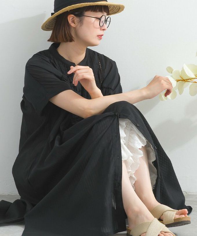 日本 Lupilien - 100%印度棉 細緻鏤空蝴蝶結短袖洋裝-黑