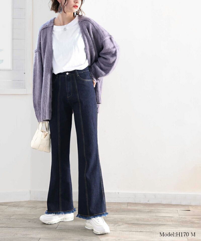 日本 Classical Elf - 顯瘦美腿彈性微喇叭長褲-丹寧藍