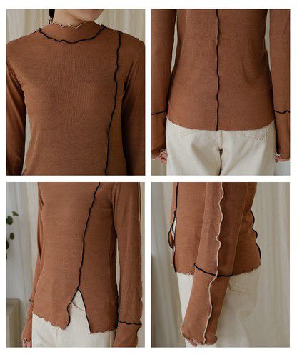 日本 Bou Jeloud - 木耳滾邊長袖上衣-淺灰