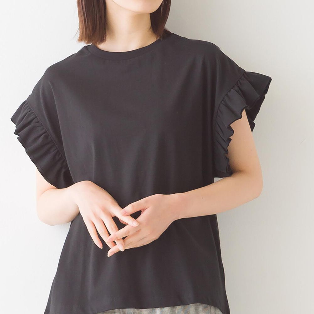 日本 OMNES - 純棉柔軟質感荷葉短袖上衣-簡約黑