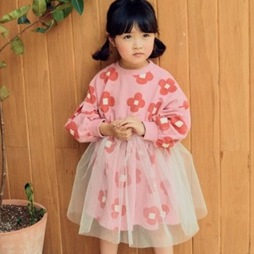 韓國 Hanab - 滿滿花朵網紗洋裝-粉紅
