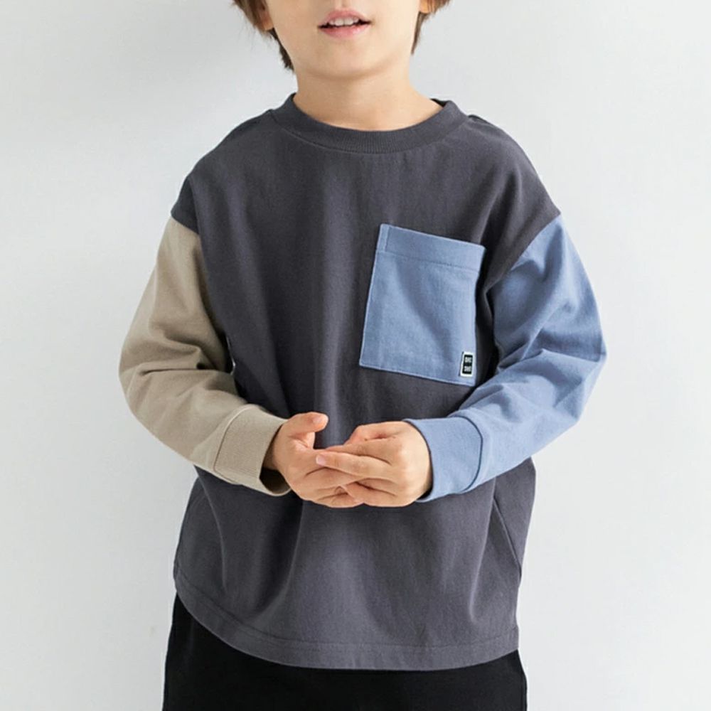 100%棉 簡約口袋長袖上衣-藍棕撞色-炭灰