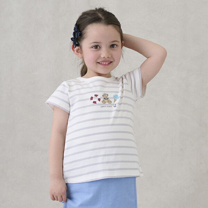 日本 petit main - 可愛荷葉袖短袖上衣-兔兔-白