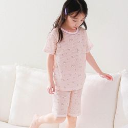 韓國 Ppippilong - 舒透提花短袖家居服/睡衣-邱比特兔兔-淡粉