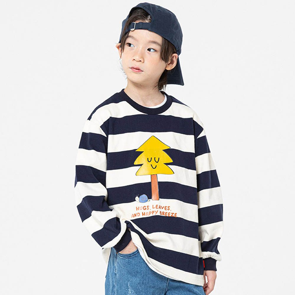 手繪樹木寬條紋長袖上衣-黑藍X米