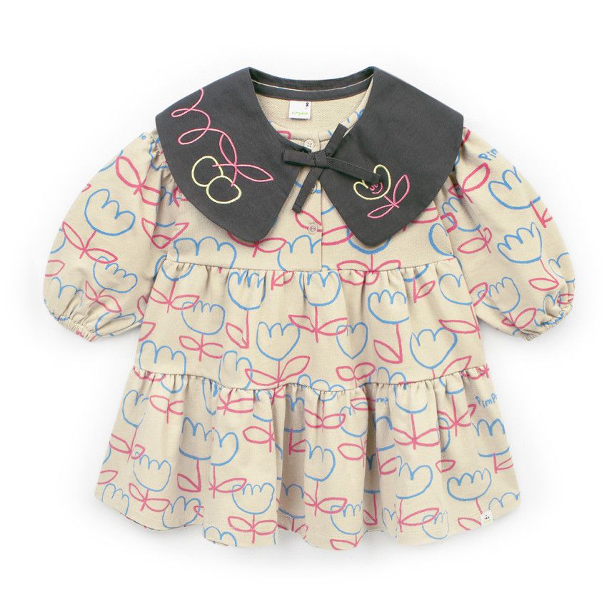 韓國Pimpollo - 可拆翻領可愛花朵洋裝-灰