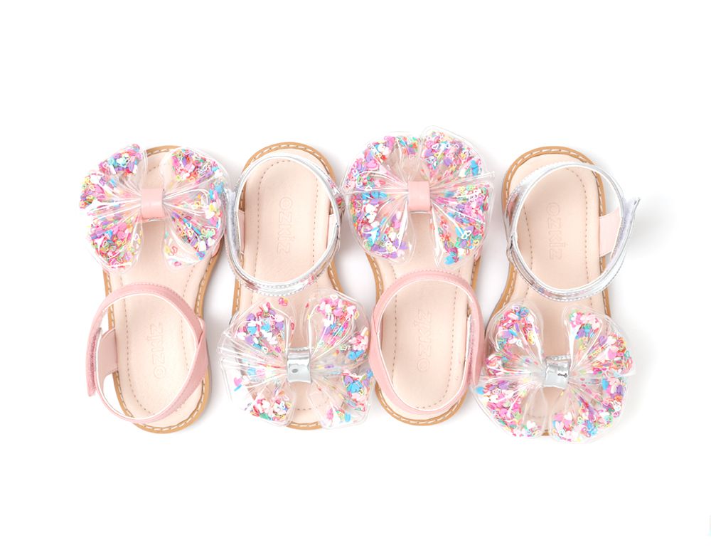 韓國 OZKIZ - 愛心亮片蝴蝶結魔鬼氈涼鞋