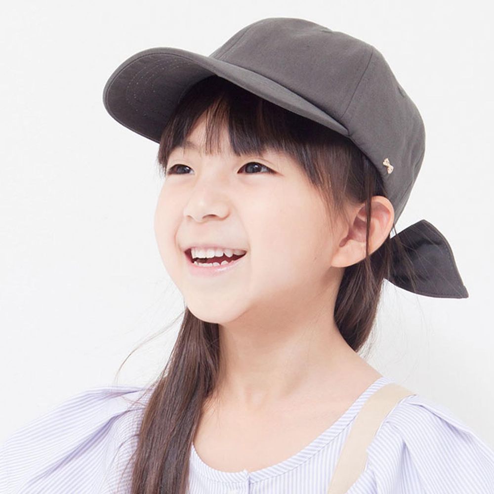 日本 irodori - 100%棉厚磅蝴蝶結遮陽老帽-兒童款-灰黑 (約54cm)