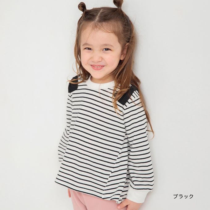 日本 BRANSHES - 可愛肩帶造型舒適長袖上衣-黑蝴蝶結-黑白條紋