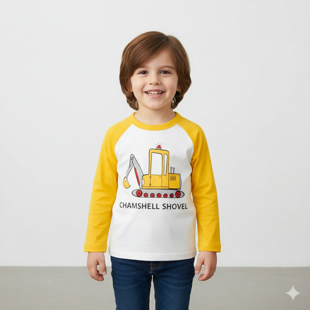 純棉長袖上衣-黃色挖土機-米白+黃