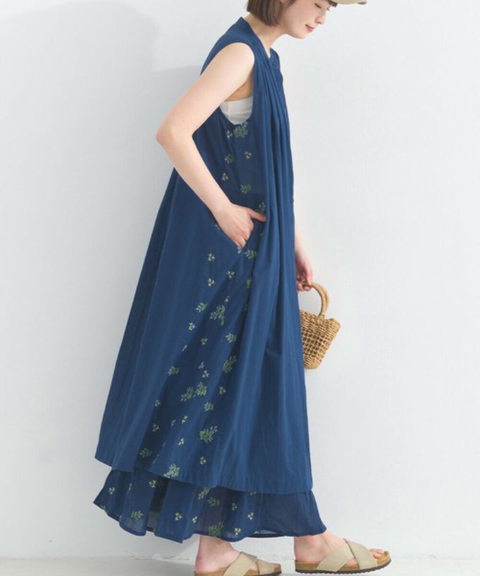 日本 Lupilien - 100%印度棉 優美植物側邊刺繡無袖洋裝-薄荷