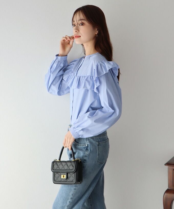 日本 BLUE EAST - 青澀回憶荷葉邊長袖襯衫-湖水綠