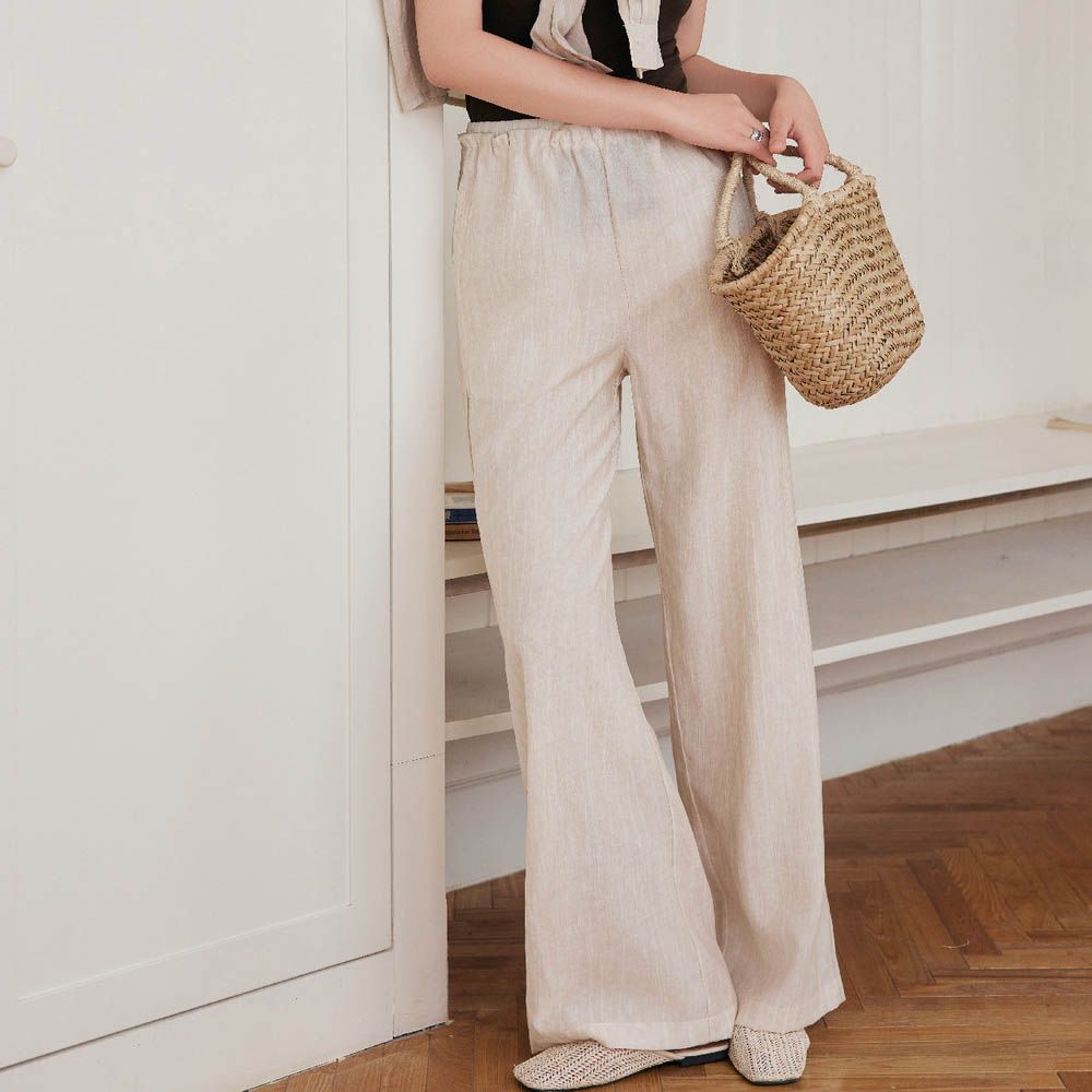 透氣輕薄高腰顯瘦微皺寬褲-原白麻