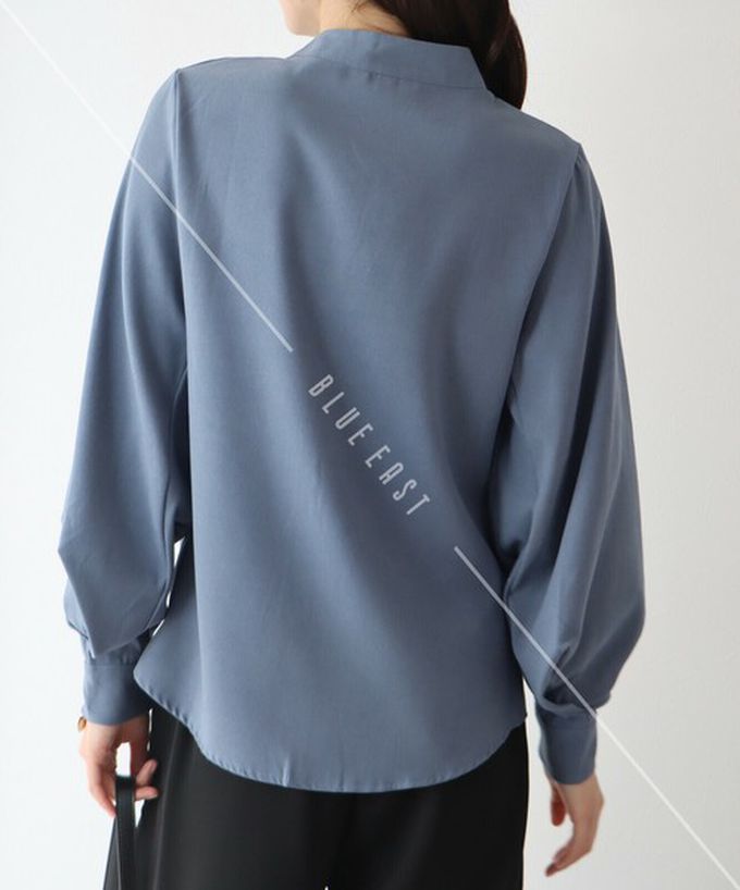 日本 BLUE EAST - 知性小立領澎澎氣球袖襯衫-水藍