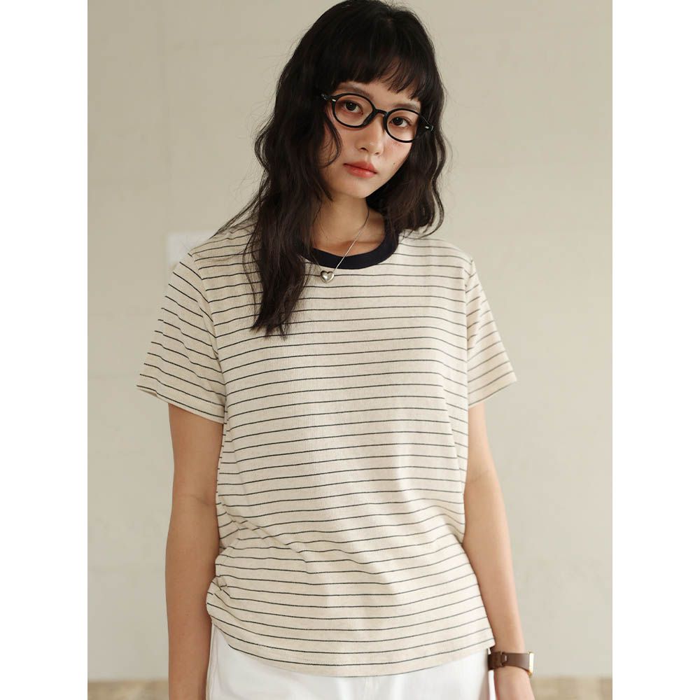 天絲亞麻撞色針織短袖上衣-條紋