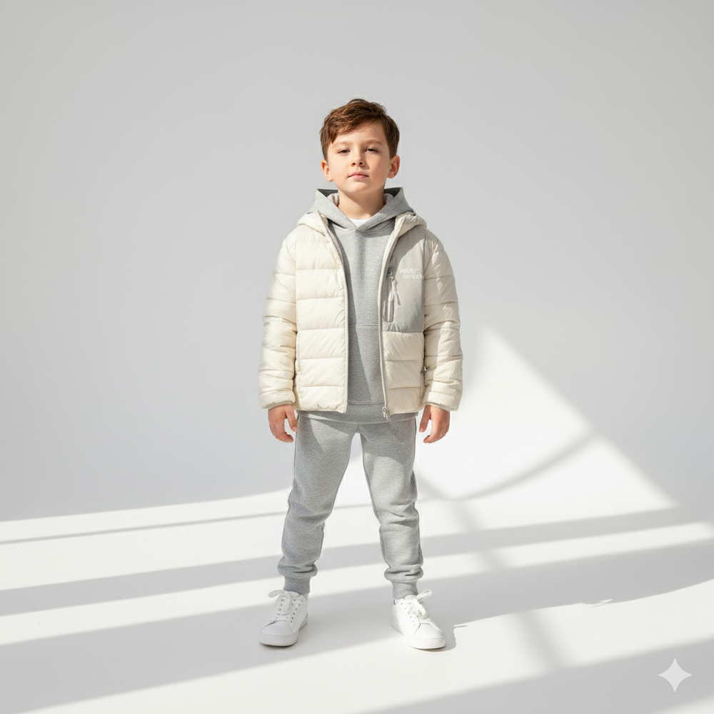 (100%鴨絨)休閒風拼色輕量羽絨連帽外套-米黃X灰綠