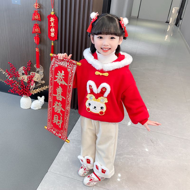 加絨喜氣洋洋拜年套裝-萌萌兔子年獸-紅+白