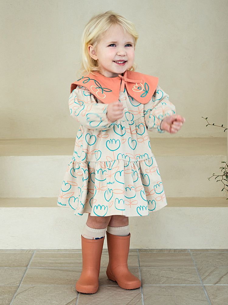 韓國Pimpollo - 可拆翻領可愛花朵洋裝-灰