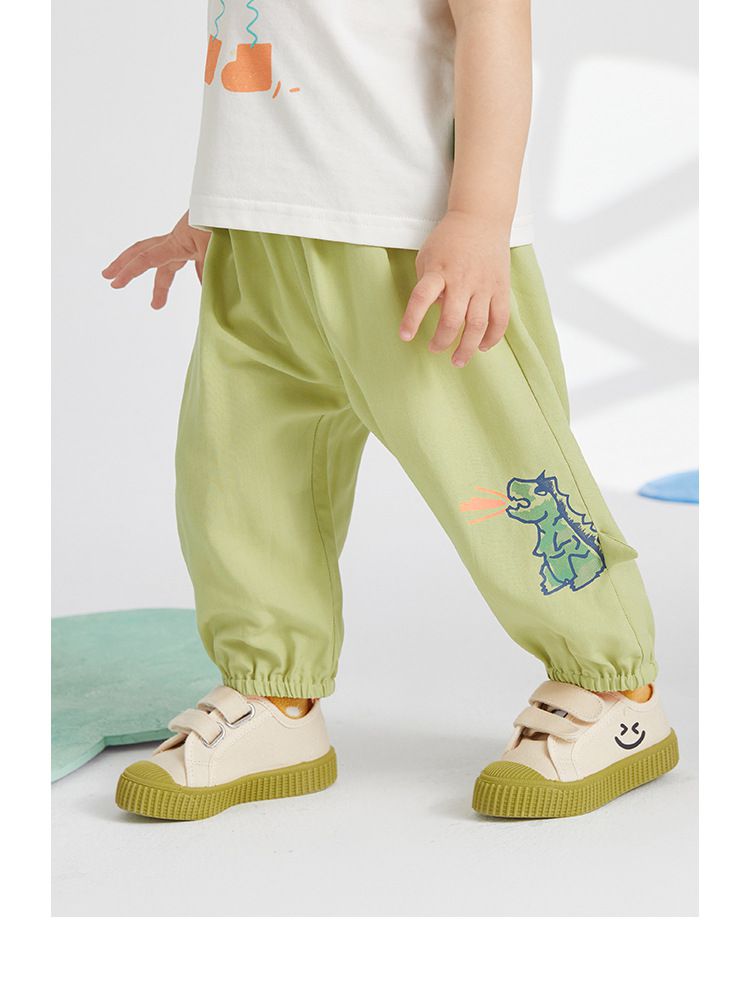 天絲棉腰鬆緊休閒防蚊褲/長褲-怒吼小恐龍-綠色