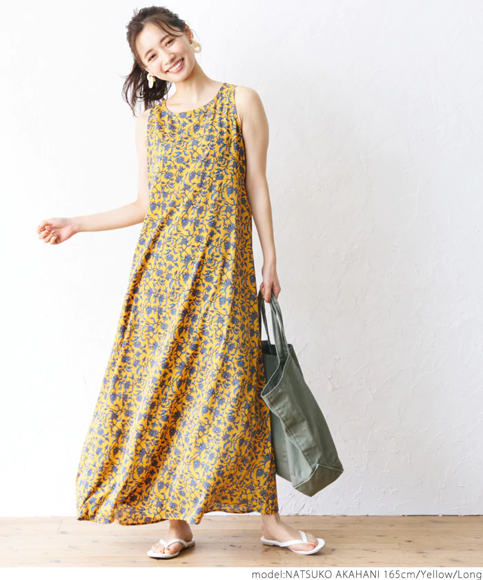 日本 COCA - 夏日繽紛碎花無袖洋裝-黃