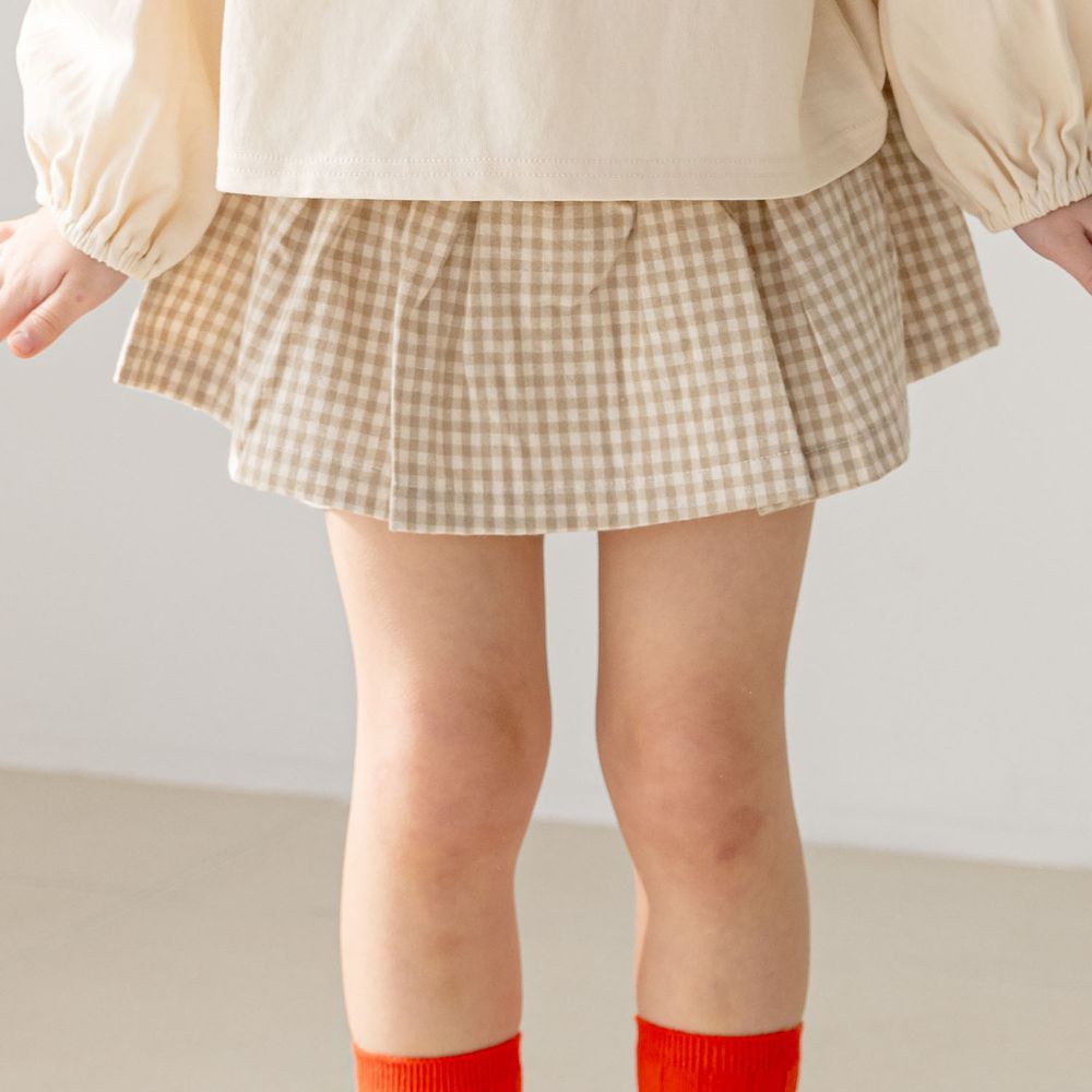 韓國 Orange Mom - 鬆緊腰格子褲裙-杏