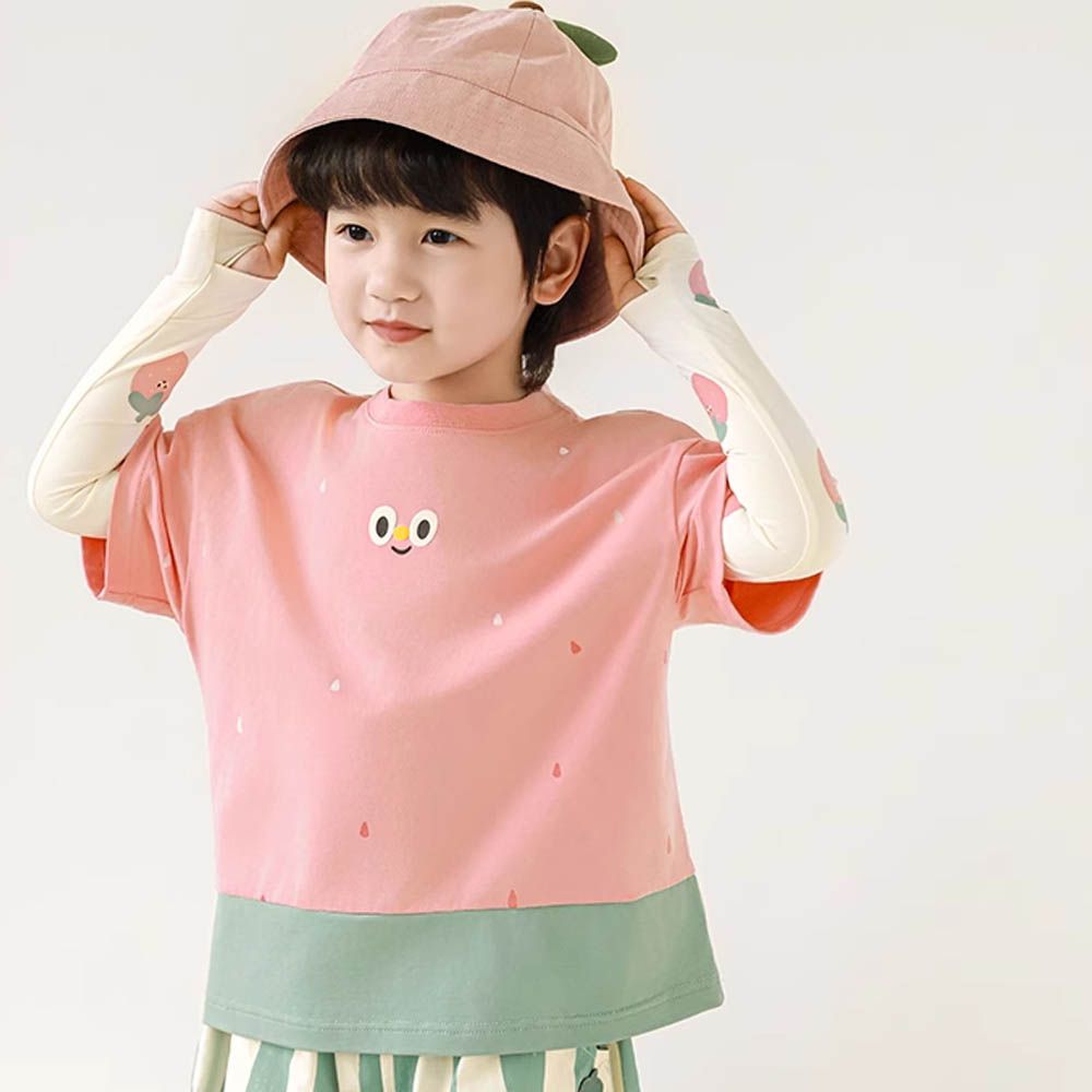 圓領水果撞色短袖上衣-表情印花-桃子