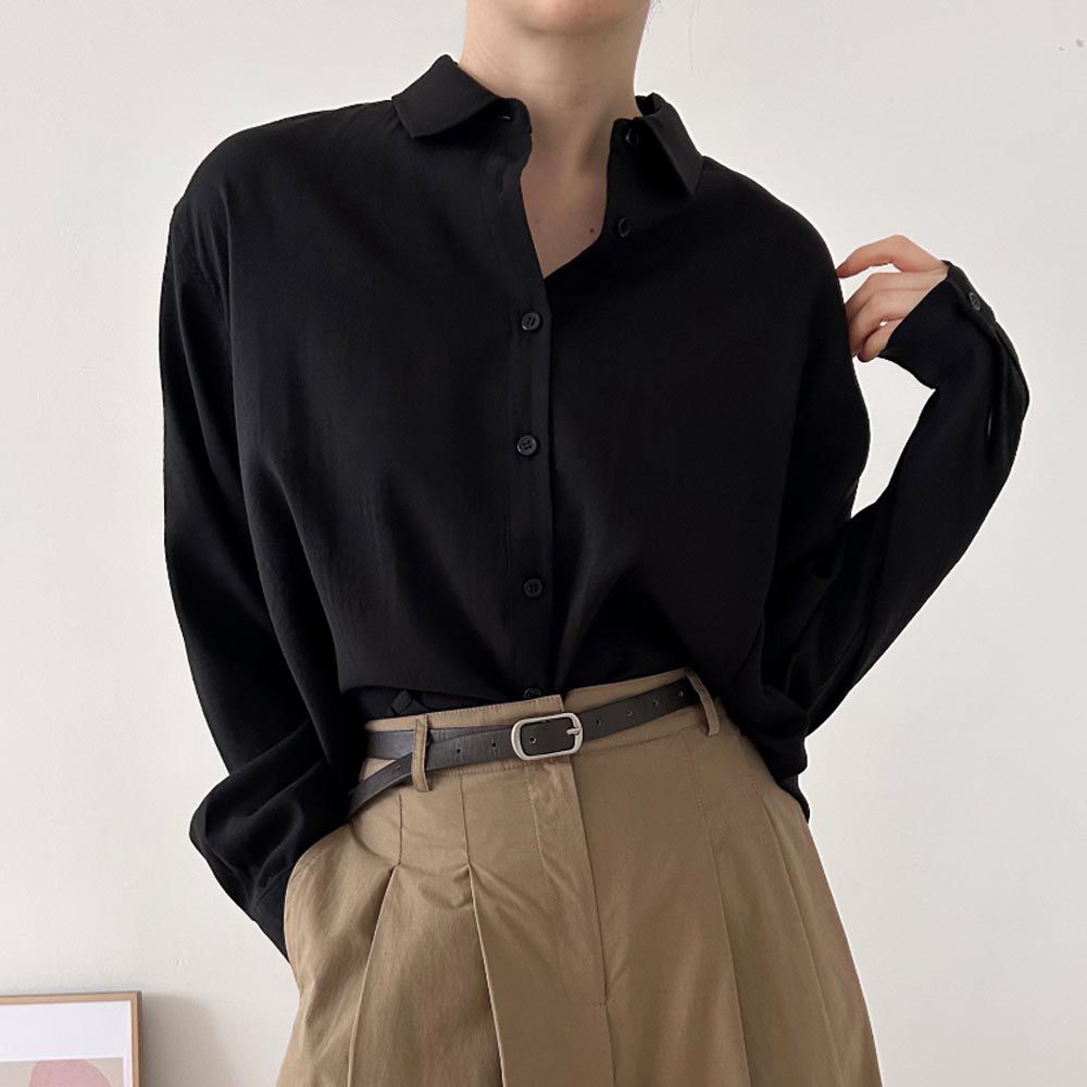 韓國女裝連線 - 質感薄透長袖翻領襯衫-黑 (FREE)