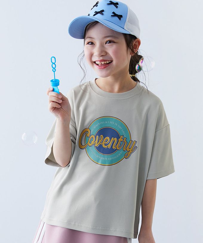 日本 devirock - 速乾網眼 女孩印花短袖上衣-圓圈logo-煙燻粉