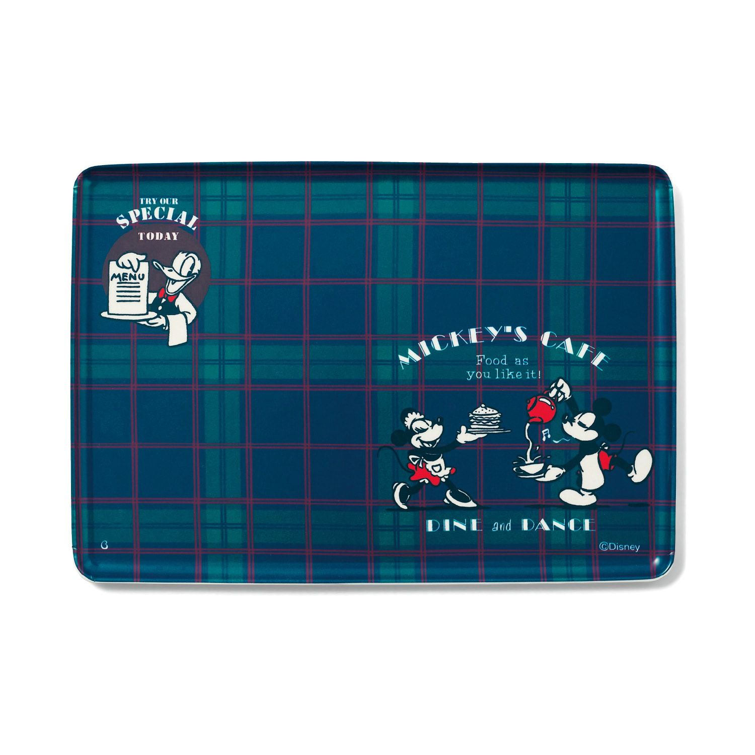 日本千趣會 - 日本製 迪士尼托盤(防滑加工)-維尼-黃藍格紋 (36x25x1.2cm)