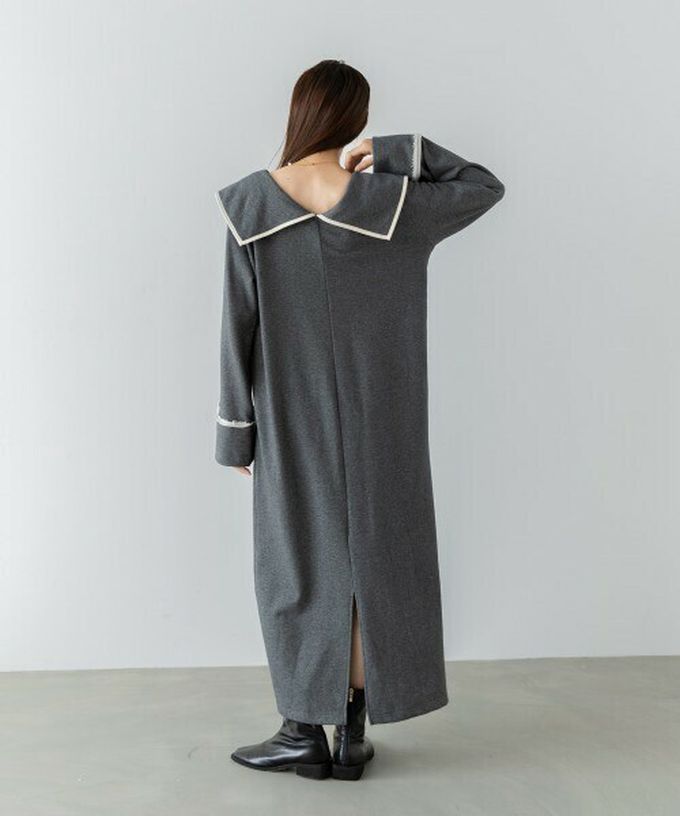 日本 Bab - 滾邊個性大翻領休閒長袖洋裝-深灰