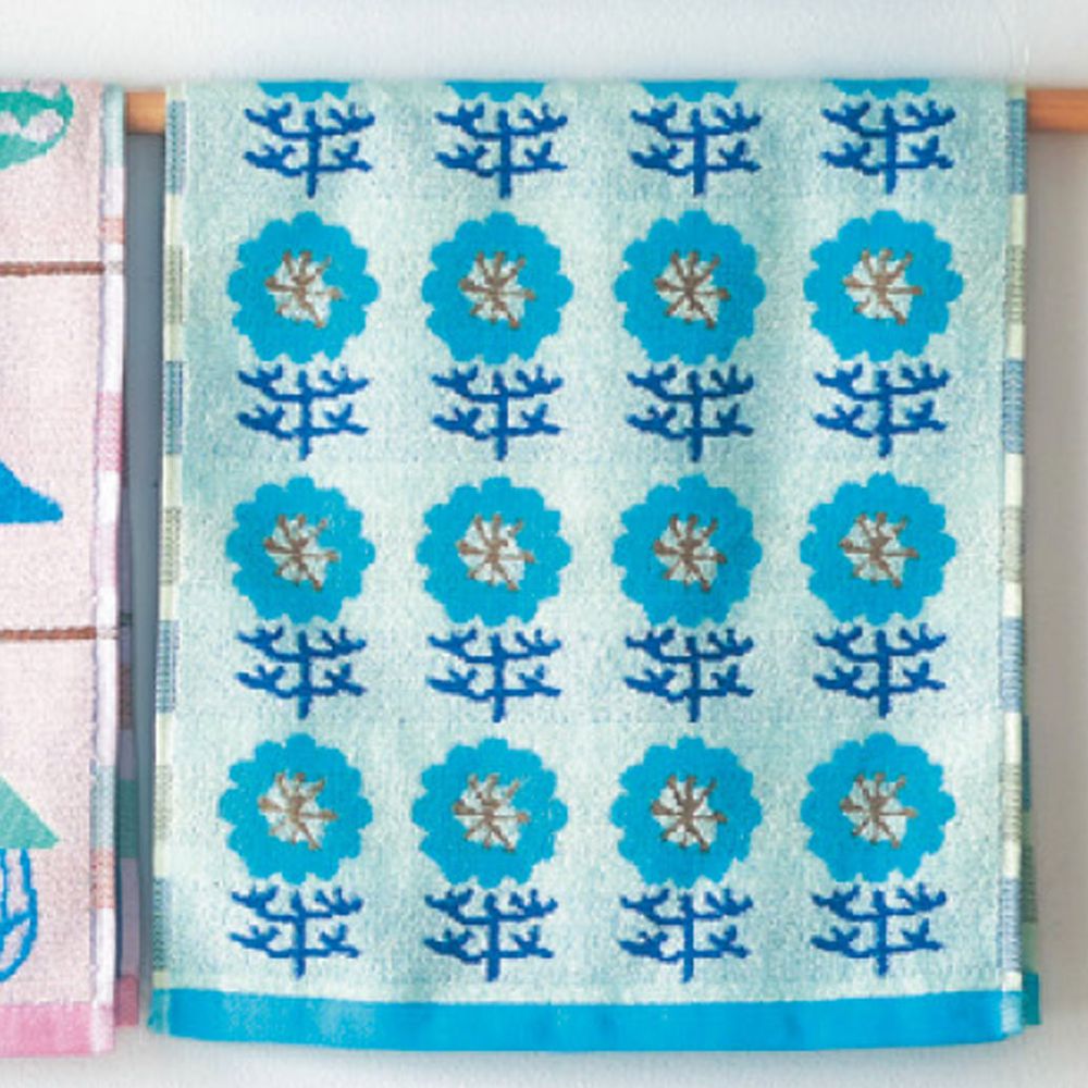 日本千趣會 - 葡萄牙製 純棉質感長毛巾-藍花-水藍 (34x80cm)