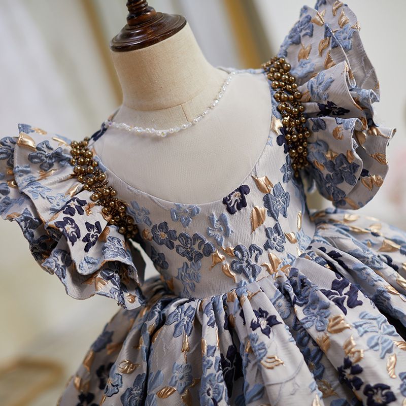 復古宮廷風刺繡大飛袖禮服-滿版小花-復古藍