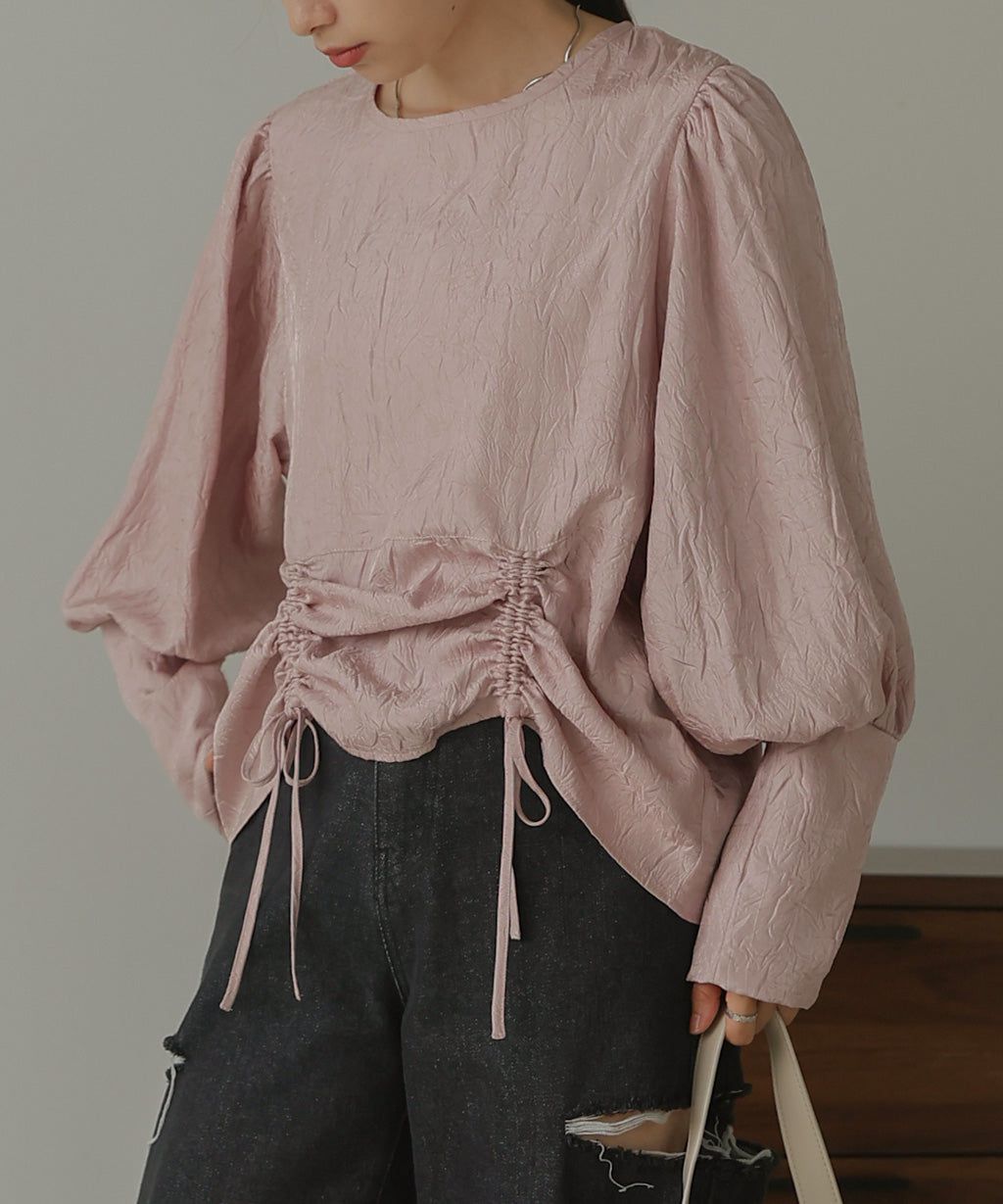 日本 Bab - 光澤感抽繩泡泡袖上衣-香檳