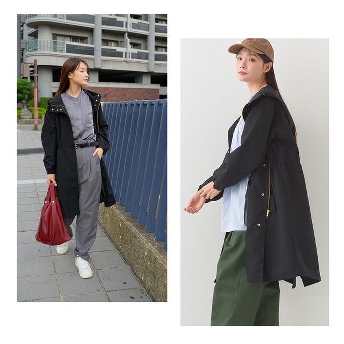 日本 OMNES - 潑水加工 派克連帽風衣長版外套-黑