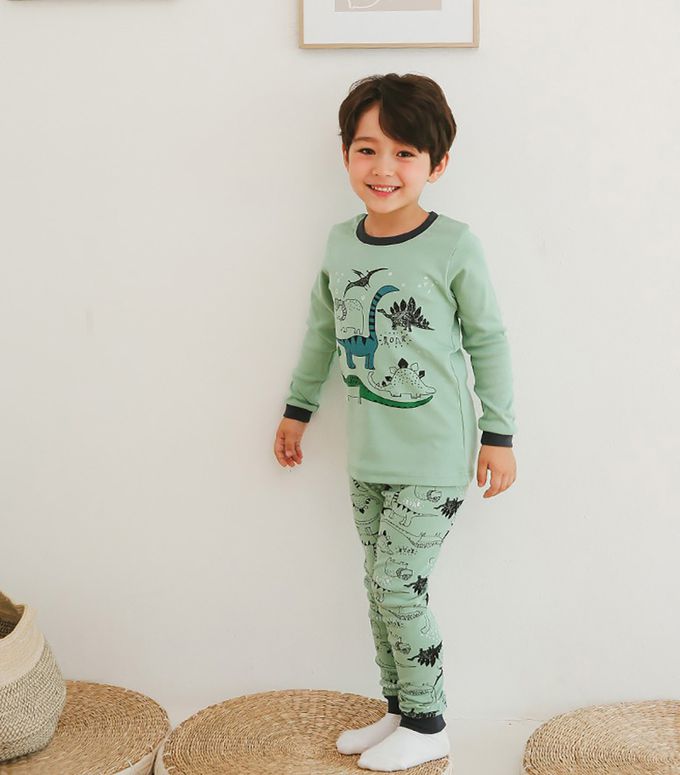 正韓 Puco - 超優質嬰幼兒/兒童長袖100% 有機純棉家居服/睡衣-恐龍塗鴉