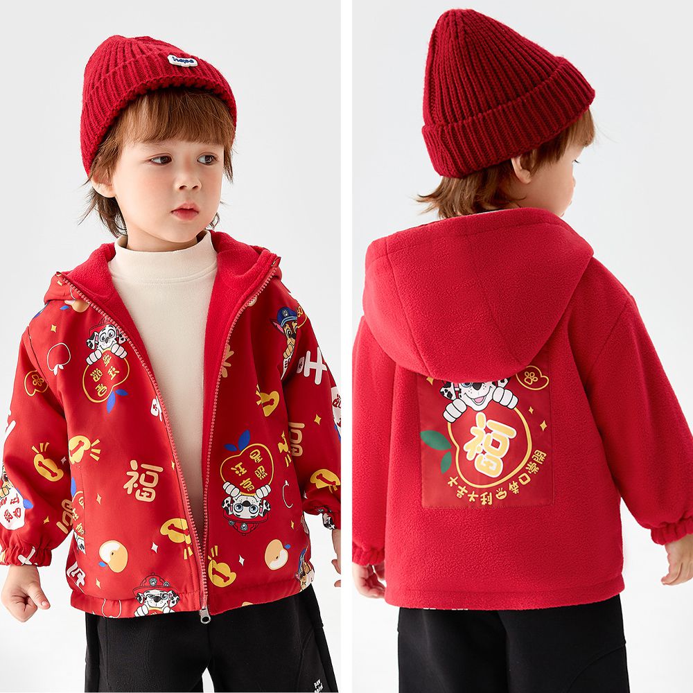 卡通汪汪隊雙面穿防風防水外套-連帽加絨-紅色