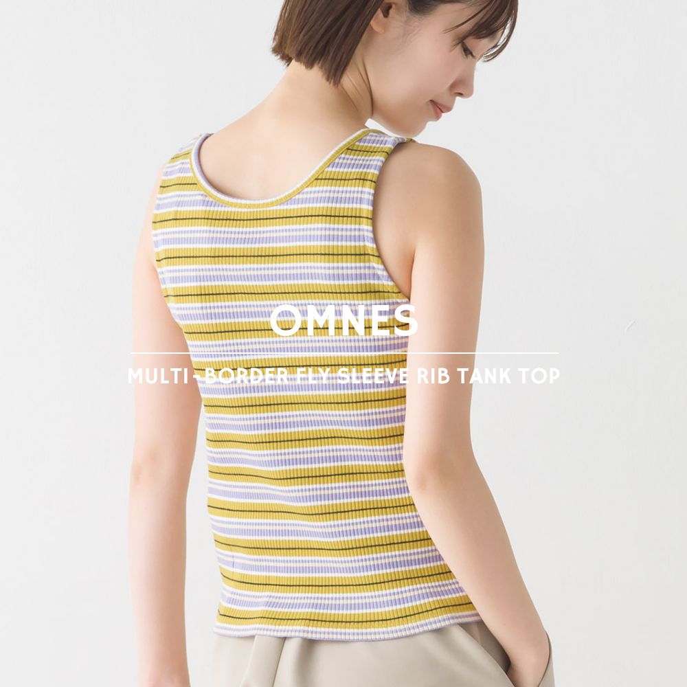 日本 OMNES - 圓領條紋無袖上衣-卡其x橘