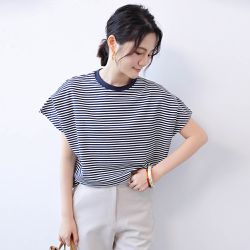 Yukié - 包色推薦！超顯瘦壓褶法式袖上衣-藏青條紋 (F)
