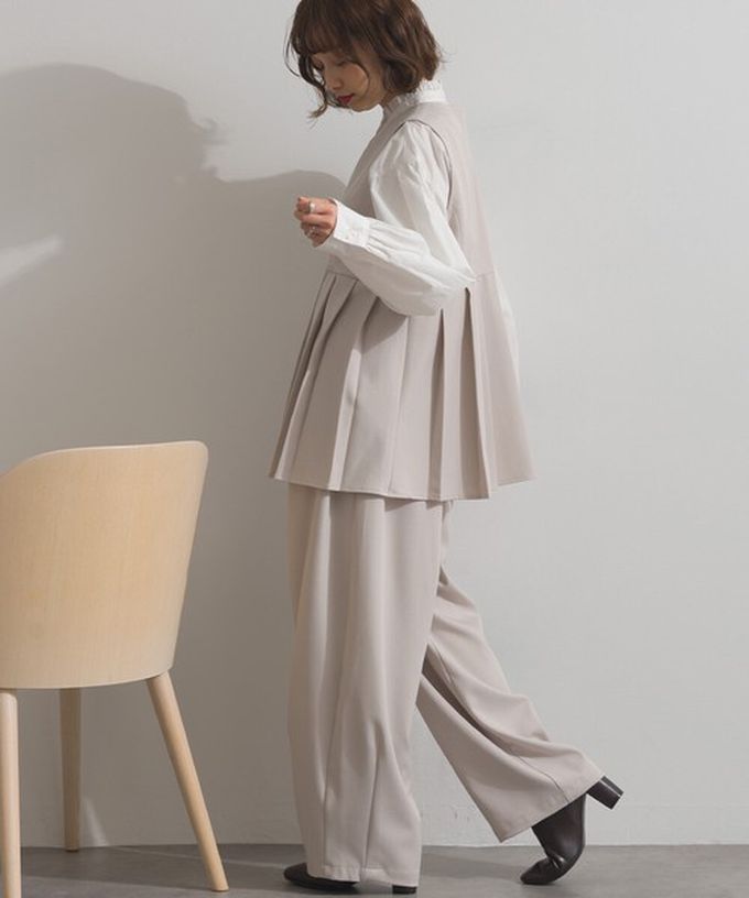 日本 ELENCARE DUE - 正式感斜紋布優雅百褶背心-灰