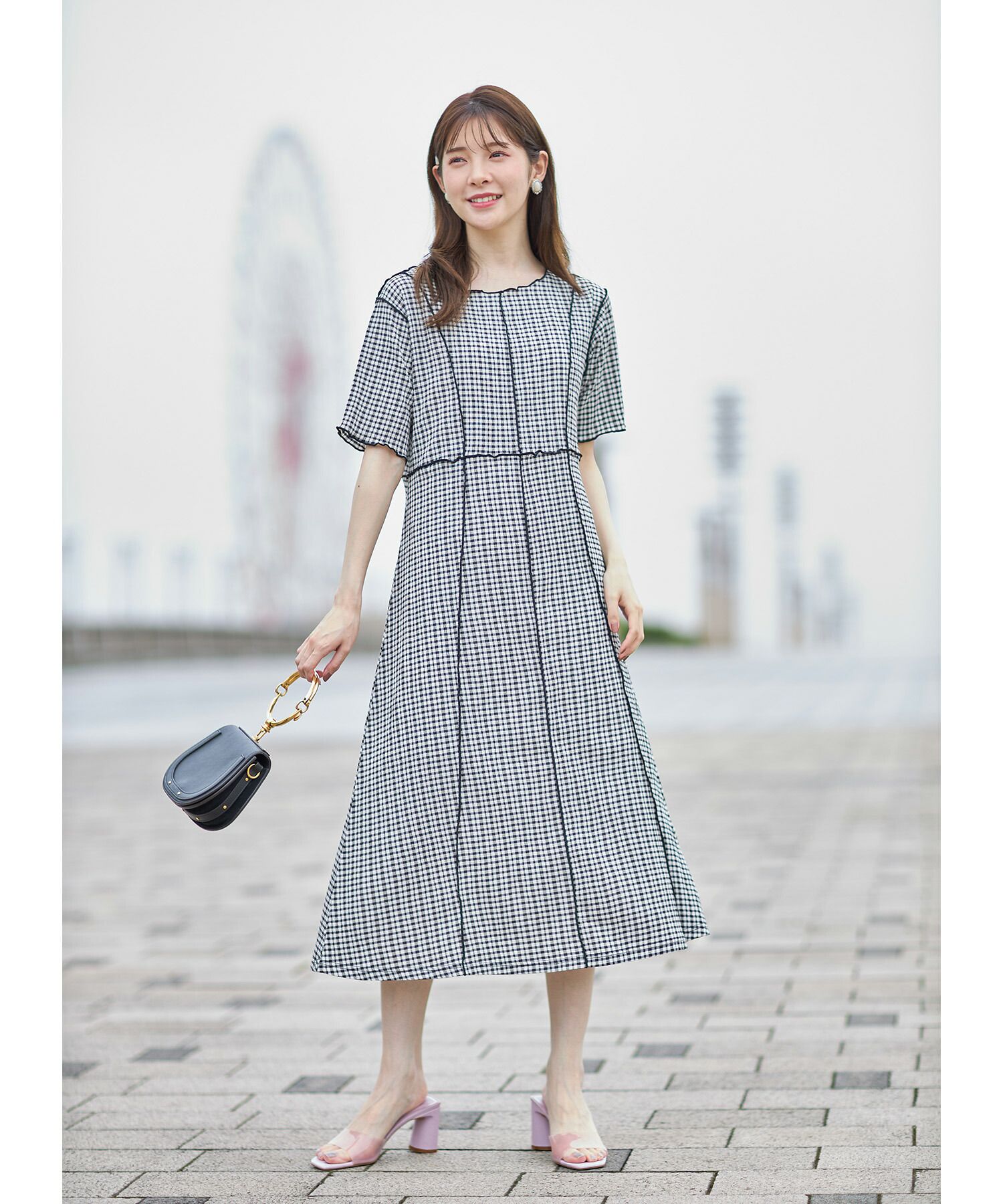 日本 tocco-closet - 修身線條五分袖洋裝-格紋-薄荷